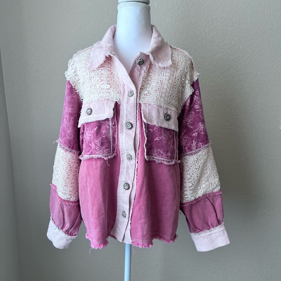 POL Lace Corduroy Floral Frayed Denim Jacket Sz Small (oversized) NWOT - Picture 8 of 16
